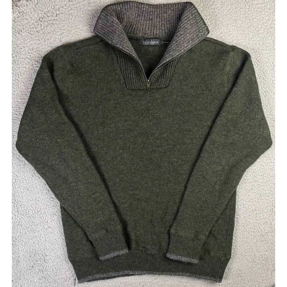 IrelandsEye 100% Wool Quarter 1/4 Zip Sweater Mens L Green Irish Knit Pullover
